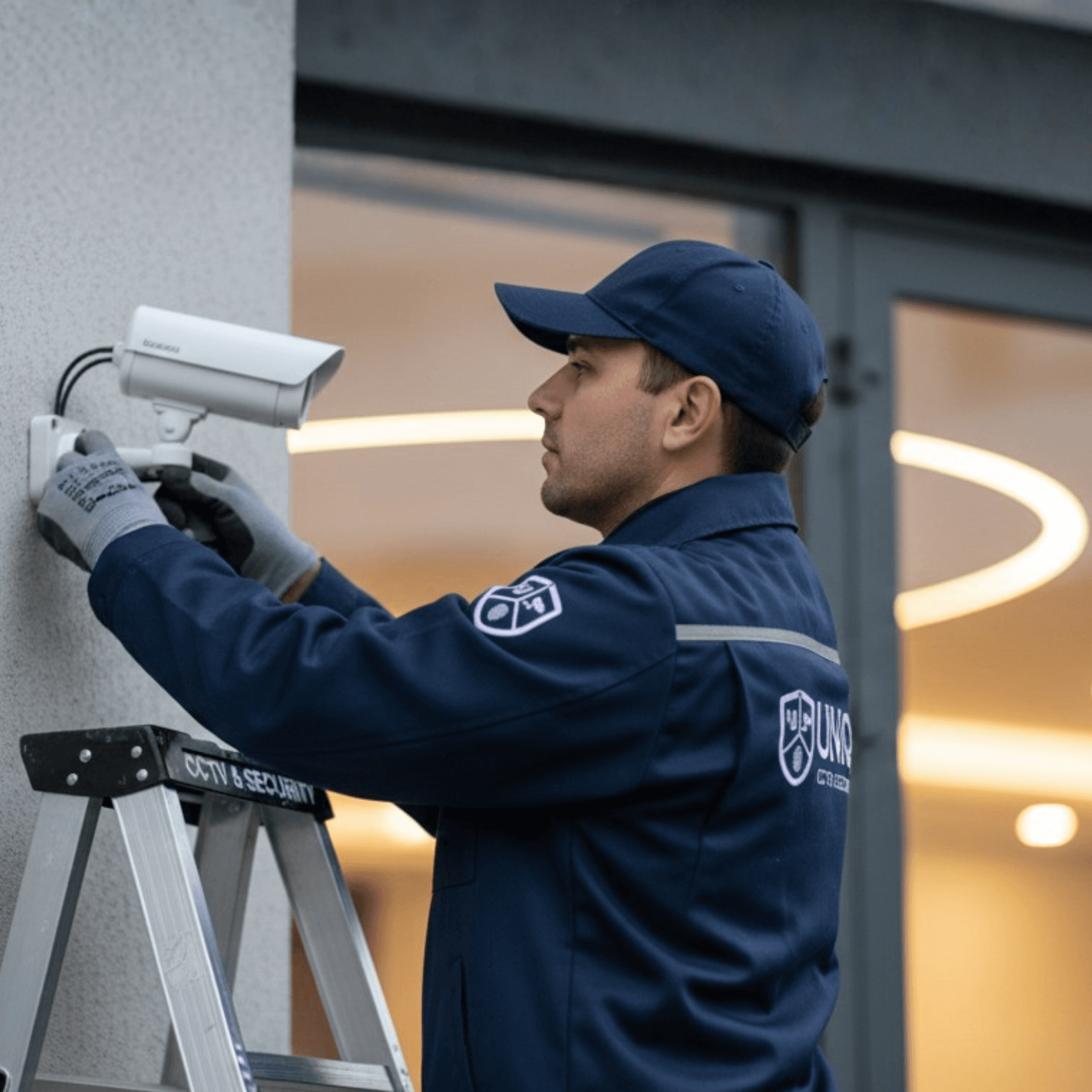 A UniqCCTV technician mounting a security camera on a commercial building
